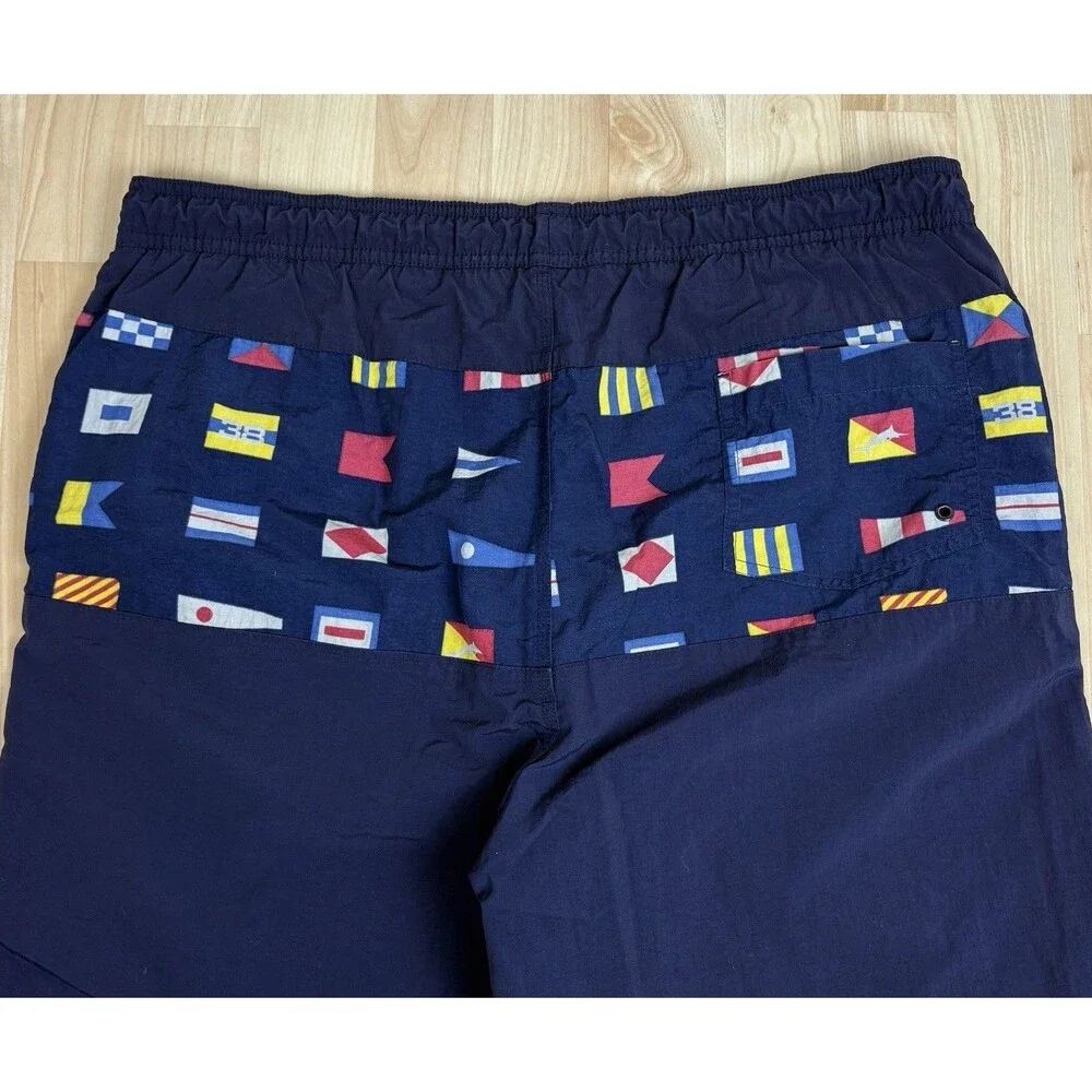 Vintage 90s Flags Graphic Swim Trunks / Shorts / Navy / Size Medium